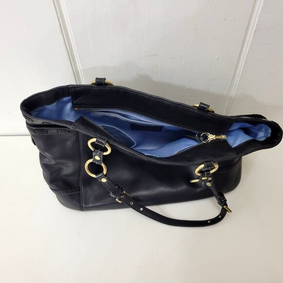 Coach Black Leather Tote Handbag With Gold Hardware & Blue Lining - Picture 3 of 9
